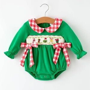 Green Baby Romper with Red Plaid Accents